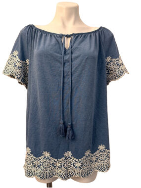 Adrianna Papell Denim Blue Off-Shoulder Tassel Tunic with White Embroidery